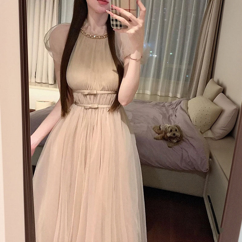 リボン襟チュールロングドレスデートワンピース結婚式パーティワンピース