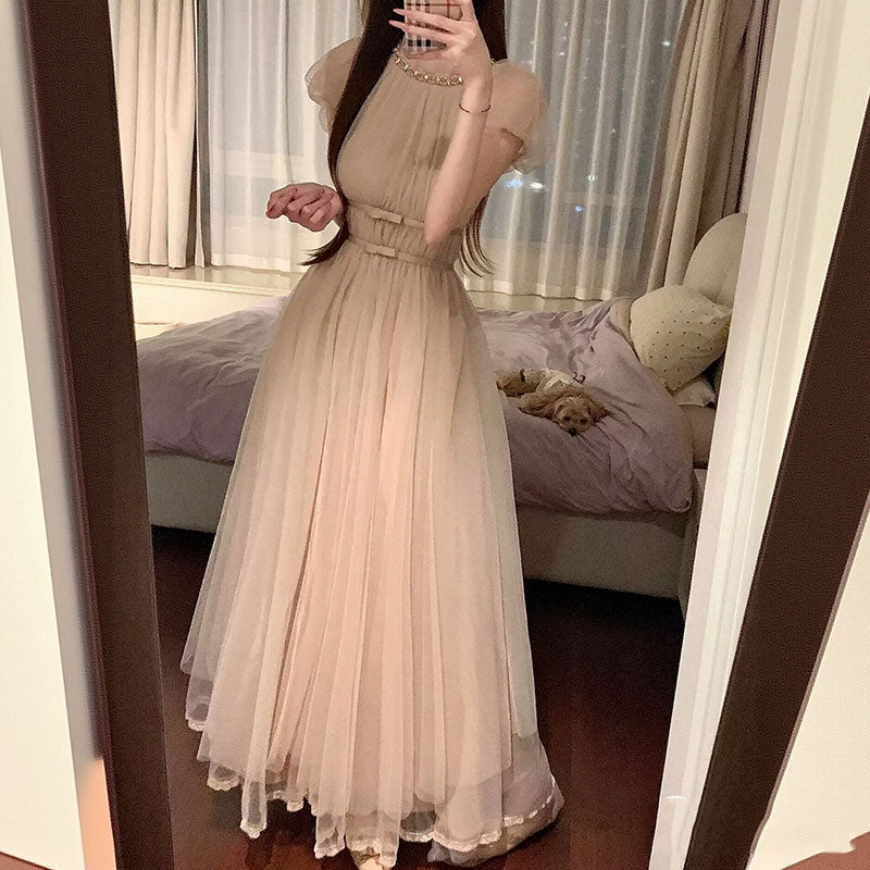 リボン襟チュールロングドレスデートワンピース結婚式パーティワンピース