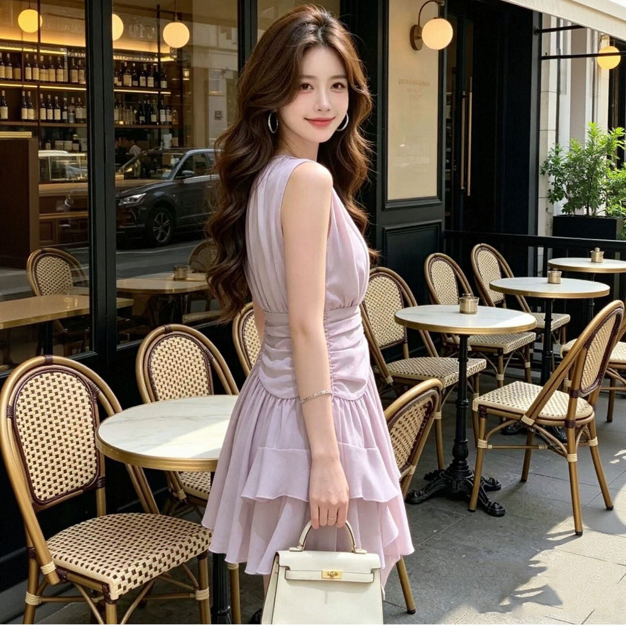 シフォン ノースリーブワンピース きれいめ オフィスカジュアル ウエストギャザー ミニ丈 通勤 カジュアル
