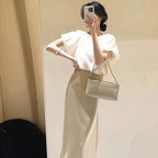 パフスリーブブラウス × ロングスカート セットアップオフィス 通勤 エレガント