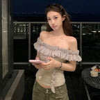 【3 色展開】韓国風 オフショルダー フリル シアートップス メッシュ シャーリング ボディコン