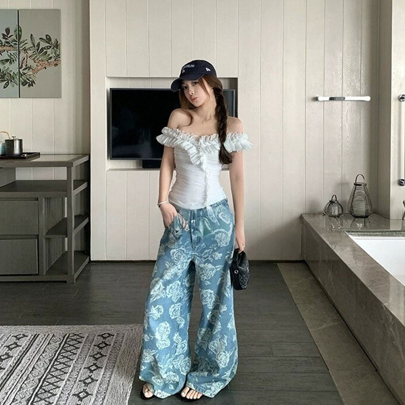 【3 色展開】韓国風 オフショルダー フリル シアートップス メッシュ シャーリング ボディコン