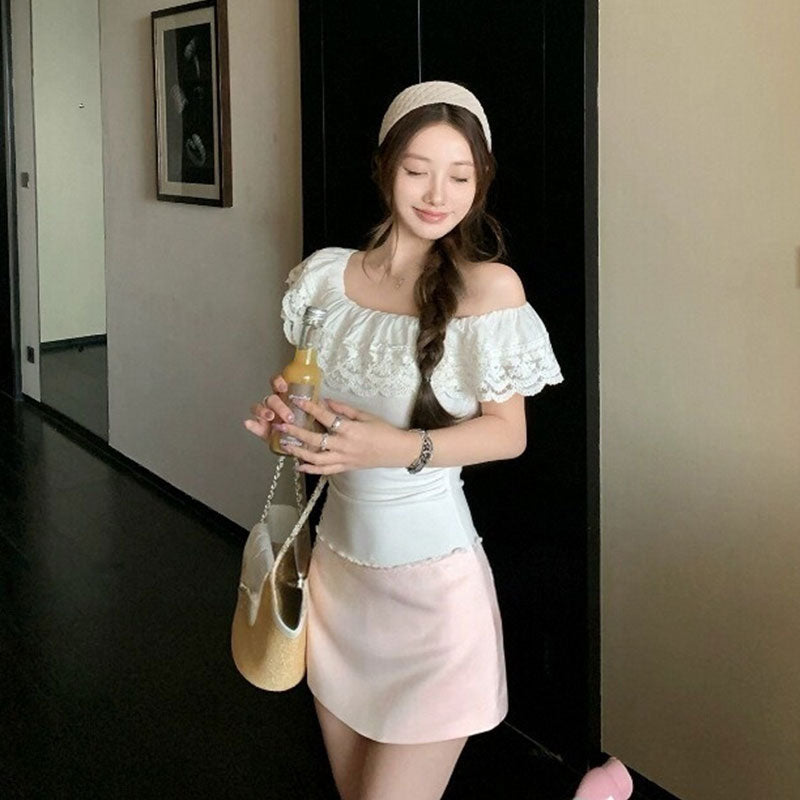 韓国風 オフショルダー フリルトップス スリム デート カジュアルTシャツトップス