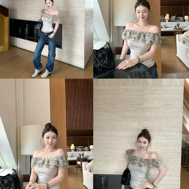 韓国風 オフショルダー フリルトップス スリム デート カジュアルTシャツトップス