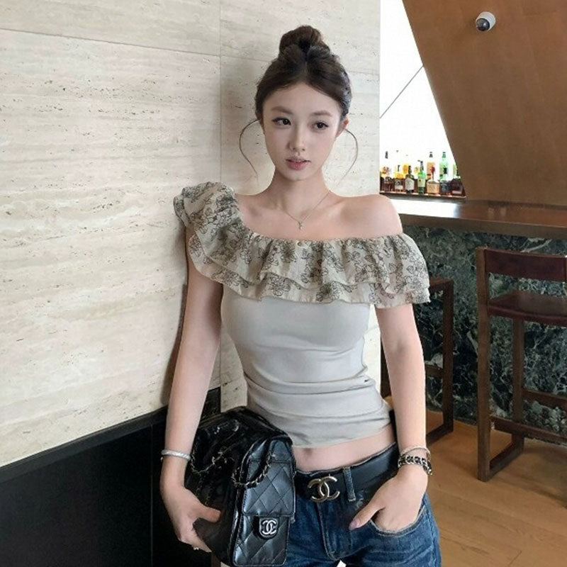 韓国風 オフショルダー フリルトップス スリム デート カジュアルTシャツトップス