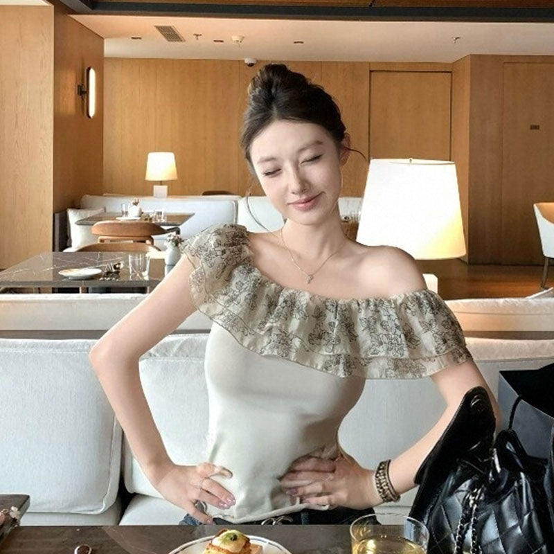 韓国風 オフショルダー フリルトップス スリム デート カジュアルTシャツトップス
