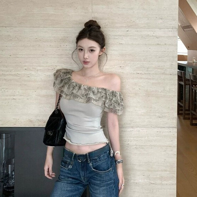 韓国風 オフショルダー フリルトップス スリム デート カジュアルTシャツトップス