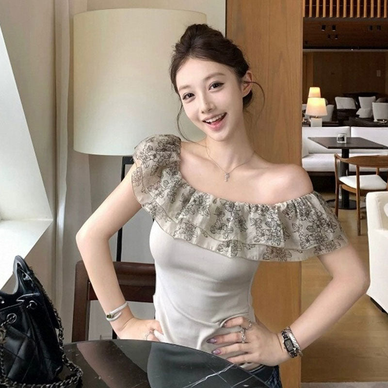 韓国風 オフショルダー フリルトップス スリム デート カジュアルTシャツトップス