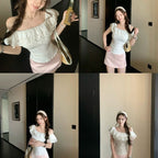 韓国風 オフショルダー フリルトップス スリム デート カジュアルTシャツトップス