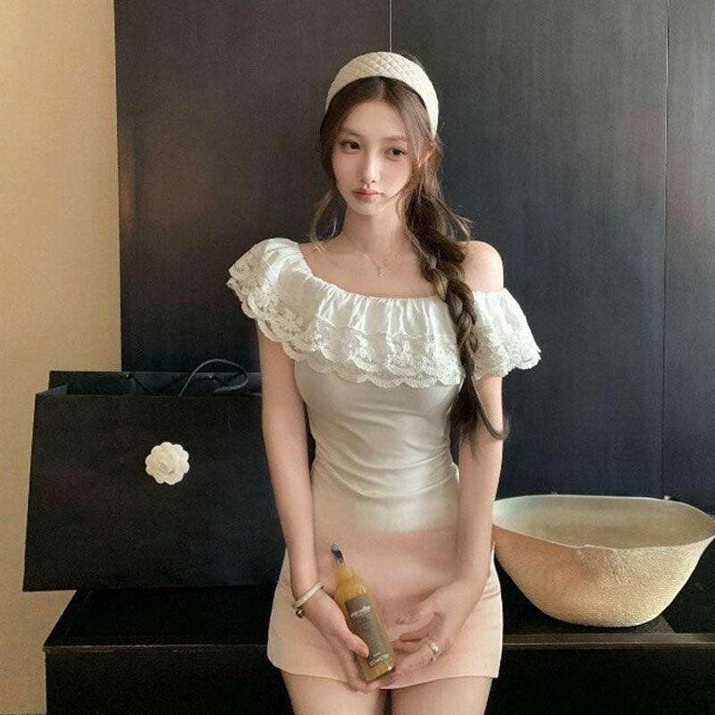 韓国風 オフショルダー フリルトップス スリム デート カジュアルTシャツトップス