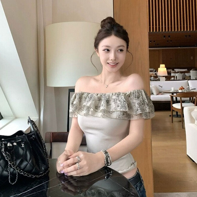 韓国風 オフショルダー フリルトップス スリム デート カジュアルTシャツトップス
