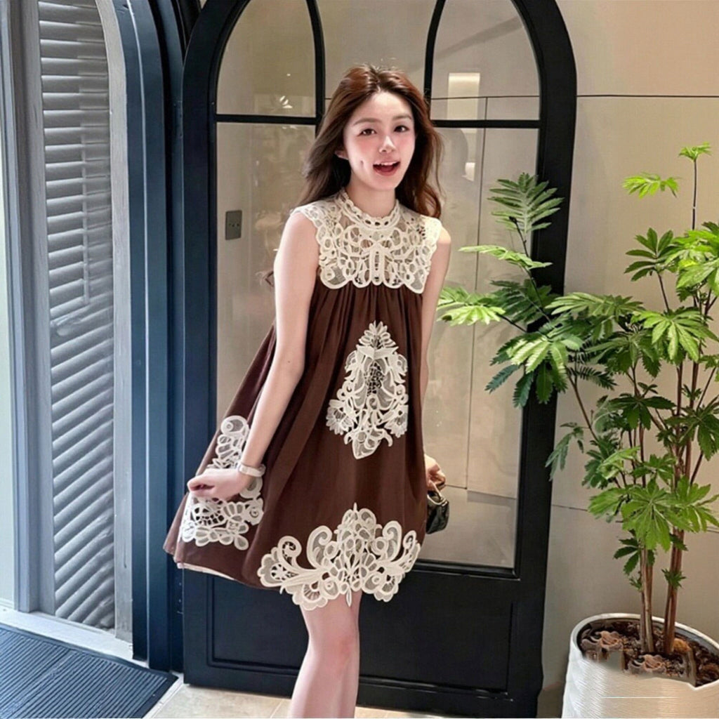 ノースリーブ レースワンピース 韓国風 ゆったり Aライン ミニ丈 大人可愛い デート お出かけカジュアルワンピース