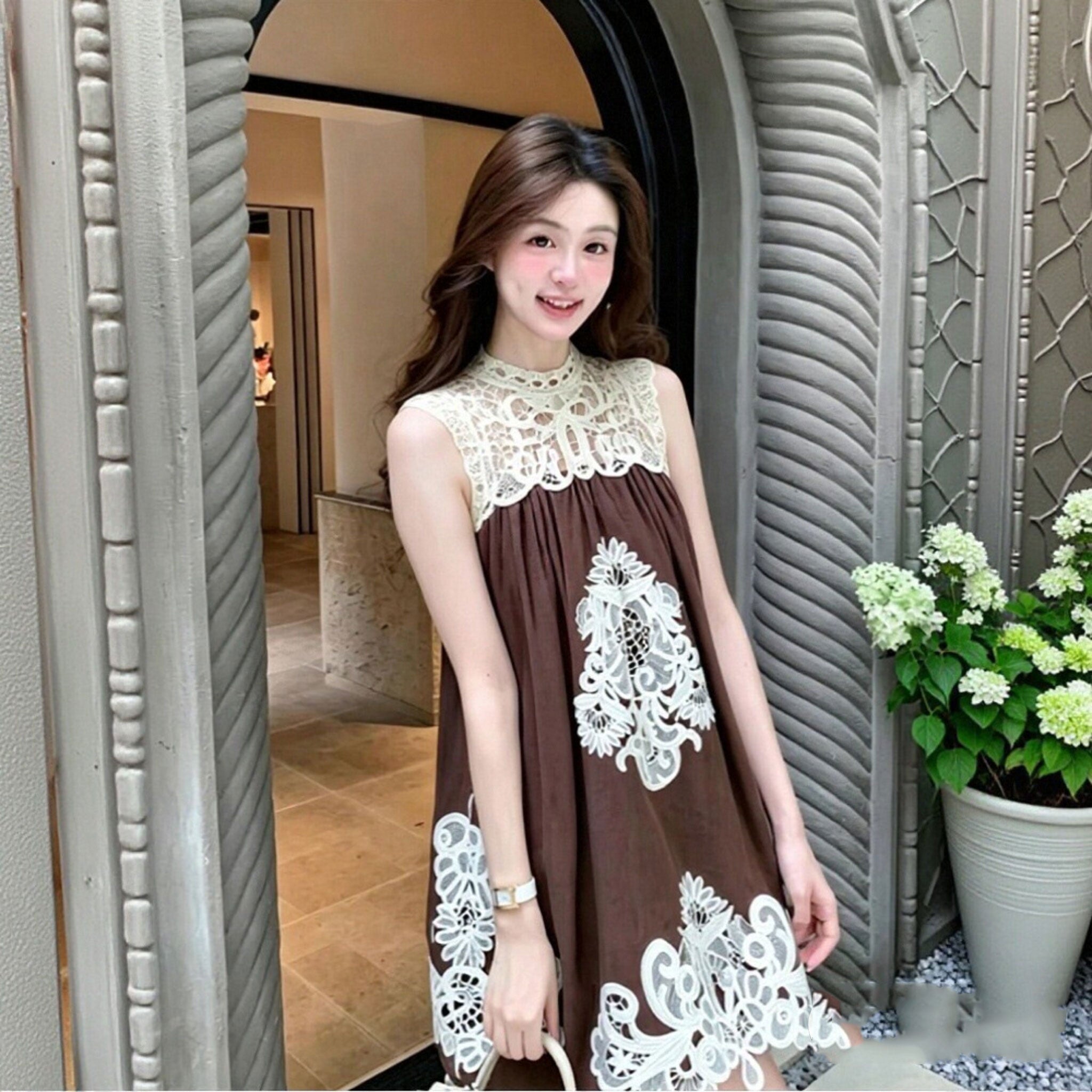 ノースリーブ レースワンピース 韓国風 ゆったり Aライン ミニ丈 大人可愛い デート お出かけカジュアルワンピース