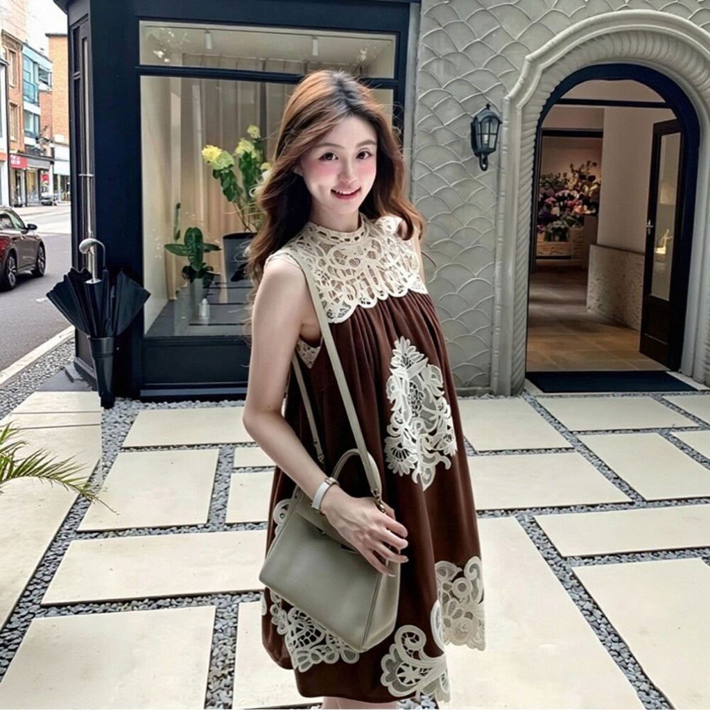ノースリーブ レースワンピース 韓国風 ゆったり Aライン ミニ丈 大人可愛い デート お出かけカジュアルワンピース