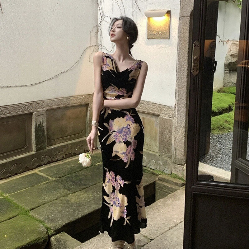 花柄ワンピースノースリーブ マーメイドライン ロング丈花柄 大人セクシー エレガント パーティー 結婚式デートワンピース