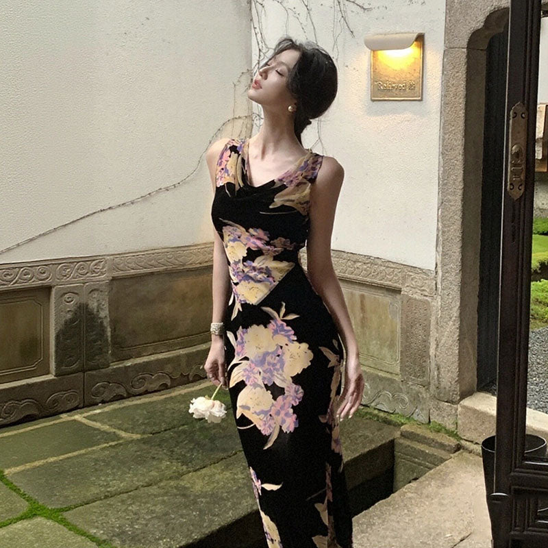 花柄ワンピースノースリーブ マーメイドライン ロング丈花柄 大人セクシー エレガント パーティー 結婚式デートワンピース