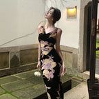花柄ワンピースノースリーブ マーメイドライン ロング丈花柄 大人セクシー エレガント パーティー 結婚式デートワンピース