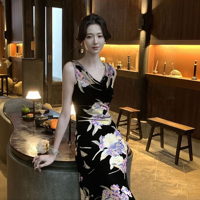 花柄ワンピースノースリーブ マーメイドライン ロング丈花柄 大人セクシー エレガント パーティー 結婚式デートワンピース