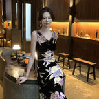 花柄ワンピースノースリーブ マーメイドライン ロング丈花柄 大人セクシー エレガント パーティー 結婚式デートワンピース