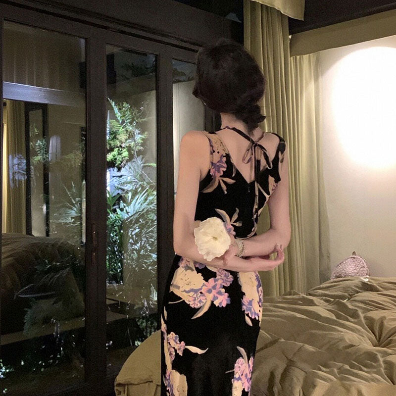 花柄ワンピースノースリーブ マーメイドライン ロング丈花柄 大人セクシー エレガント パーティー 結婚式デートワンピース