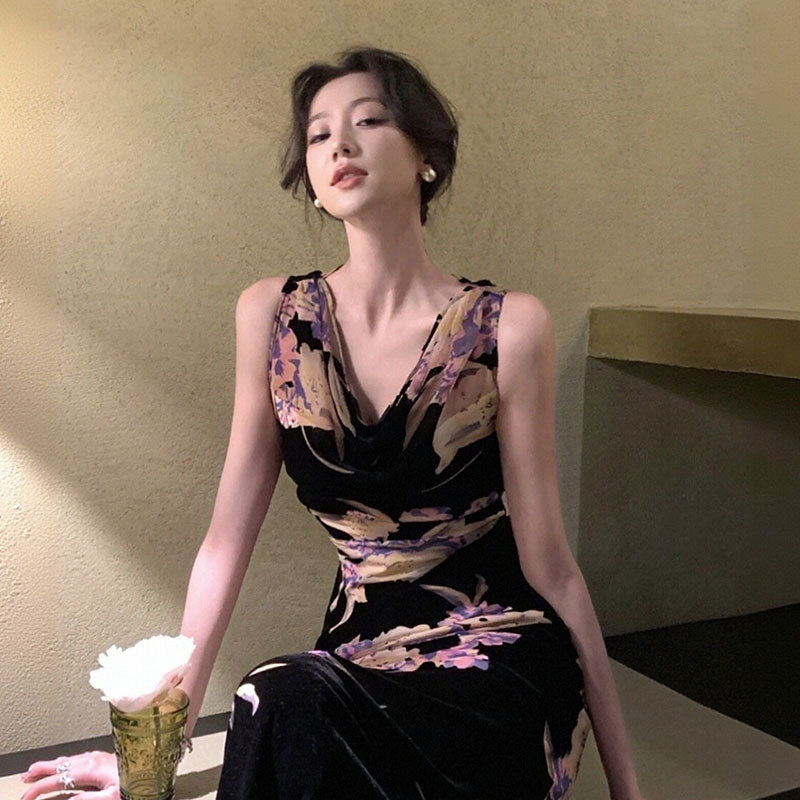 花柄ワンピースノースリーブ マーメイドライン ロング丈花柄 大人セクシー エレガント パーティー 結婚式デートワンピース