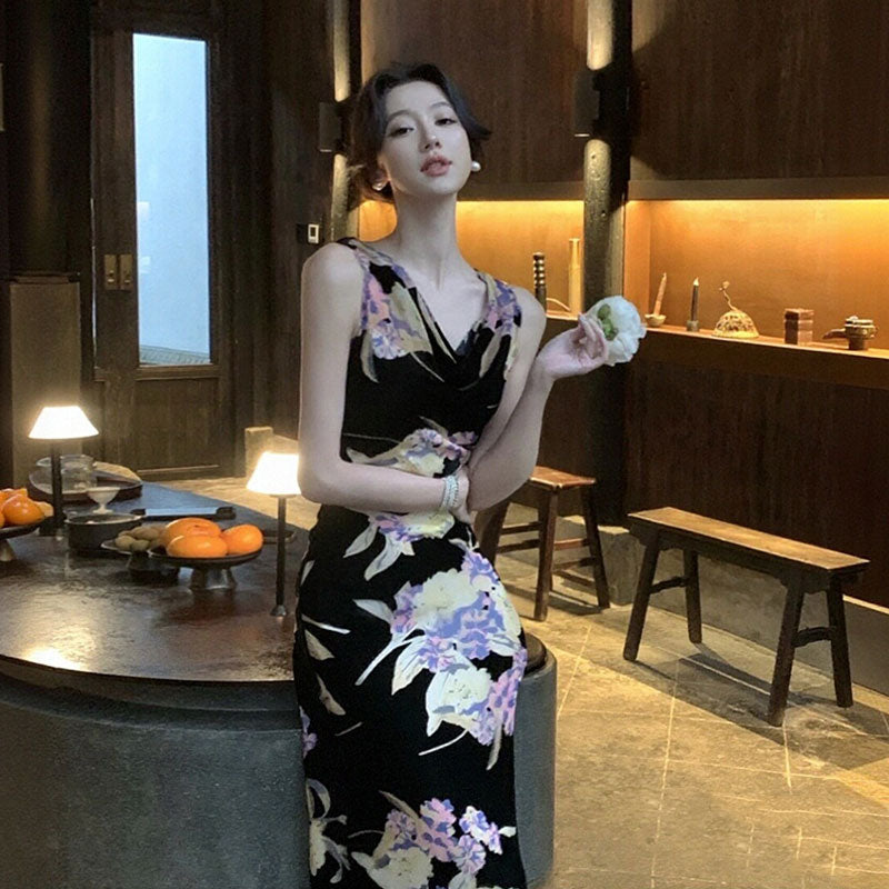 花柄ワンピースノースリーブ マーメイドライン ロング丈花柄 大人セクシー エレガント パーティー 結婚式デートワンピース