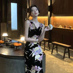 花柄ワンピースノースリーブ マーメイドライン ロング丈花柄 大人セクシー エレガント パーティー 結婚式デートワンピース