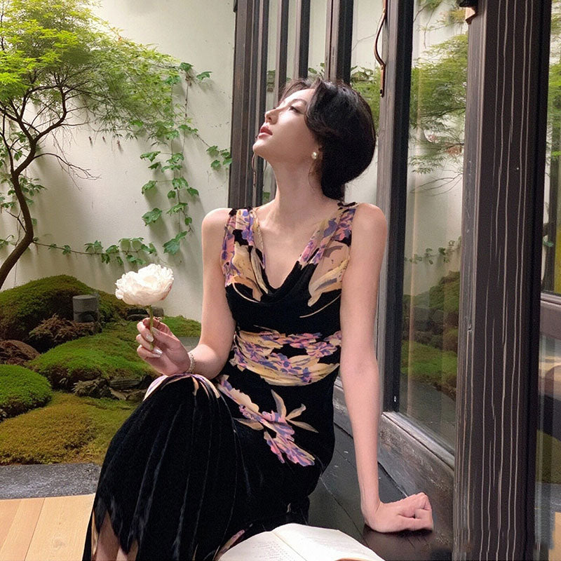 花柄ワンピースノースリーブ マーメイドライン ロング丈花柄 大人セクシー エレガント パーティー 結婚式デートワンピース