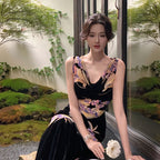 花柄ワンピースノースリーブ マーメイドライン ロング丈花柄 大人セクシー エレガント パーティー 結婚式デートワンピース