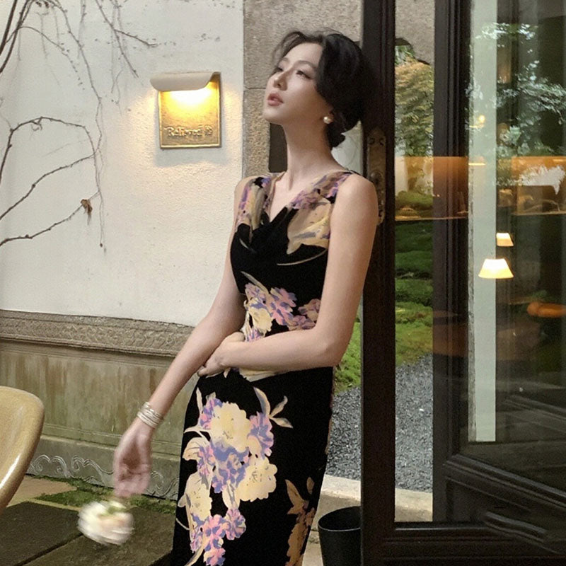 花柄ワンピースノースリーブ マーメイドライン ロング丈花柄 大人セクシー エレガント パーティー 結婚式デートワンピース