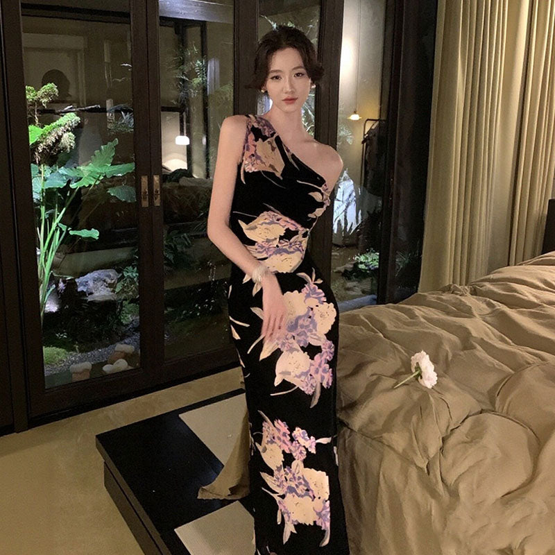 花柄ワンピースノースリーブ マーメイドライン ロング丈花柄 大人セクシー エレガント パーティー 結婚式デートワンピース