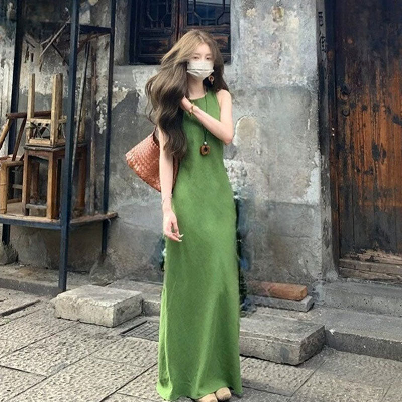 ノースリーブ リネン風 ロングワンピースマキシ丈 韓国風 ゆったり ナチュラル リゾート お出かけかじゃうる