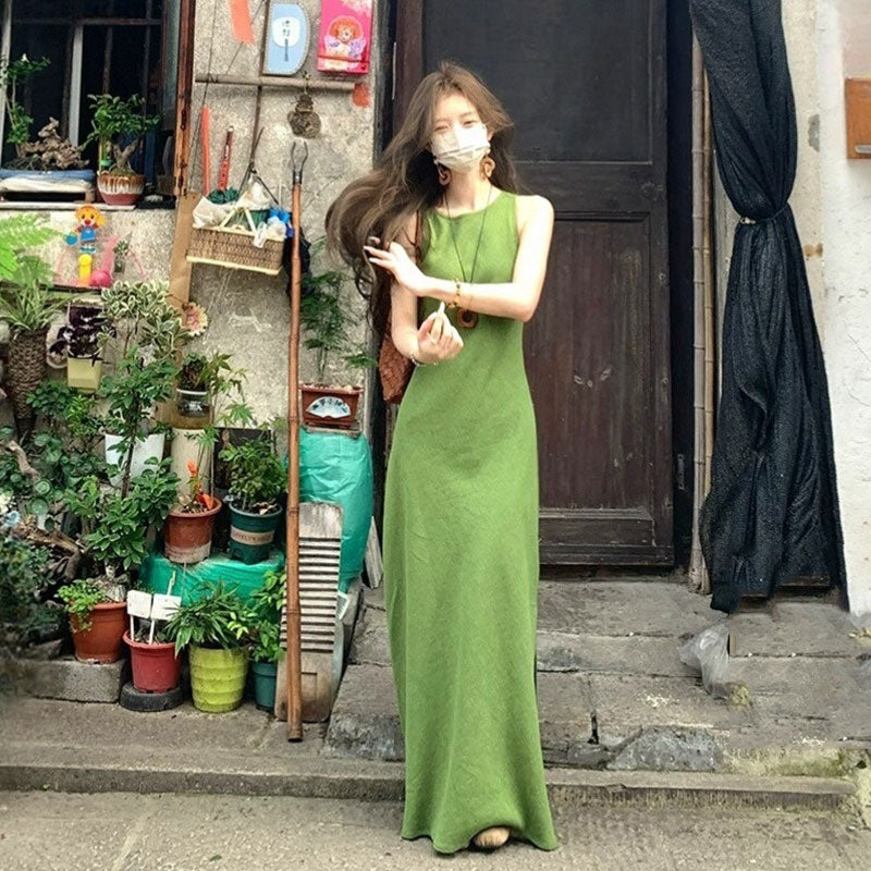 ノースリーブ リネン風 ロングワンピースマキシ丈 韓国風 ゆったり ナチュラル リゾート お出かけかじゃうる