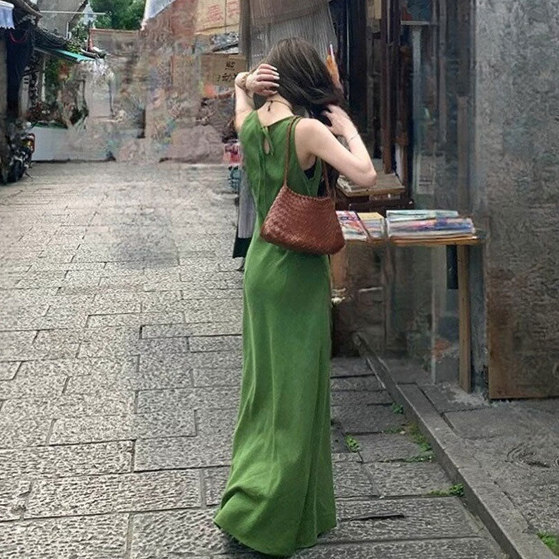 ノースリーブ リネン風 ロングワンピースマキシ丈 韓国風 ゆったり ナチュラル リゾート お出かけかじゃうる