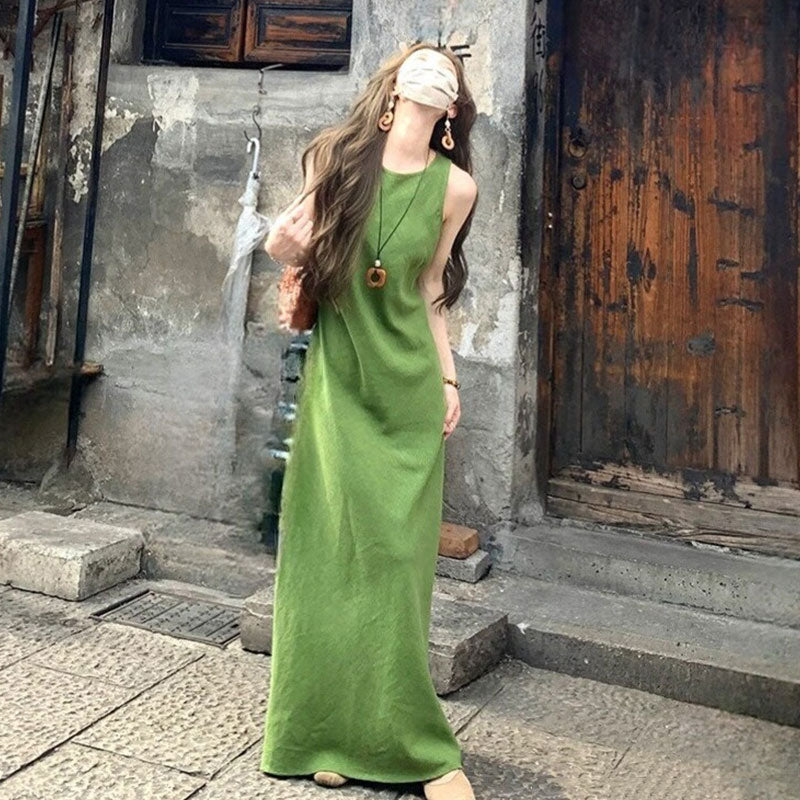 ノースリーブ リネン風 ロングワンピースマキシ丈 韓国風 ゆったり ナチュラル リゾート お出かけかじゃうる