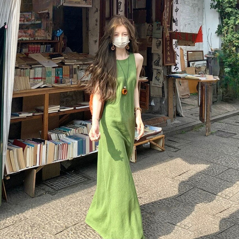 ノースリーブ リネン風 ロングワンピースマキシ丈 韓国風 ゆったり ナチュラル リゾート お出かけかじゃうる