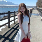ノースリーブミニワンピース スクエアネック タイトフレア 韓国トレンド 細見え スリム デート服 オケージョン 4 色展開