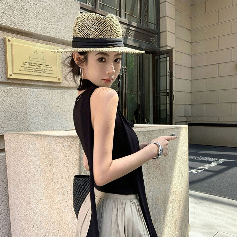 2 点セット ハルタイプノースリーブトップス+ロングフレアスカート 韓国大人コーデ 細見え 透け感 リゾート デート