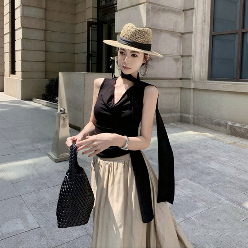 2 点セット ハルタイプノースリーブトップス+ロングフレアスカート 韓国大人コーデ 細見え 透け感 リゾート デート