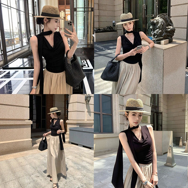 2 点セット ハルタイプノースリーブトップス+ロングフレアスカート 韓国大人コーデ 細見え 透け感 リゾート デート