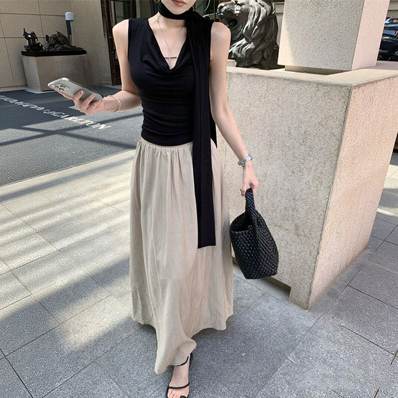2 点セット ハルタイプノースリーブトップス+ロングフレアスカート 韓国大人コーデ 細見え 透け感 リゾート デート