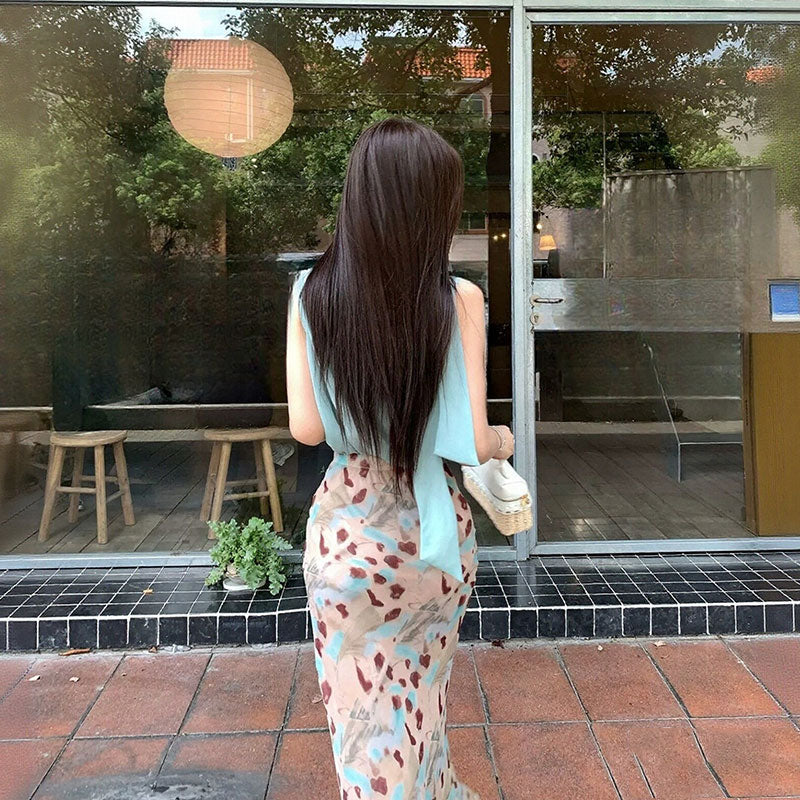 クロス V ネックノースリーブシャツ+花柄マーメイドロングスカート 2 点セットアップ 大人上品 デート・お出かけコーデ