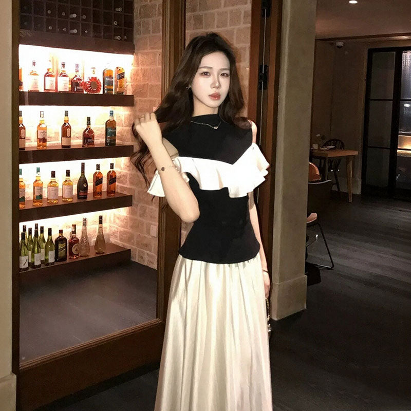 肩開きフリルトップス＋ロングスカート 2 点セットウエスト細見え上品デート・ディナー・お出かけコーデ