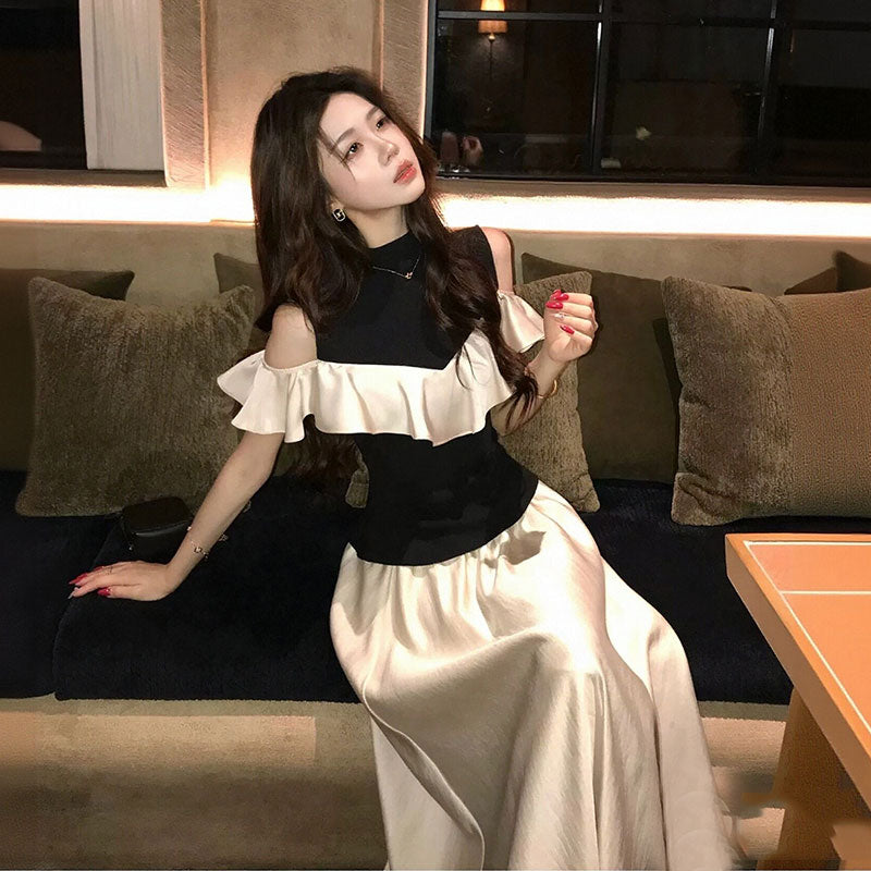 肩開きフリルトップス＋ロングスカート 2 点セットウエスト細見え上品デート・ディナー・お出かけコーデ