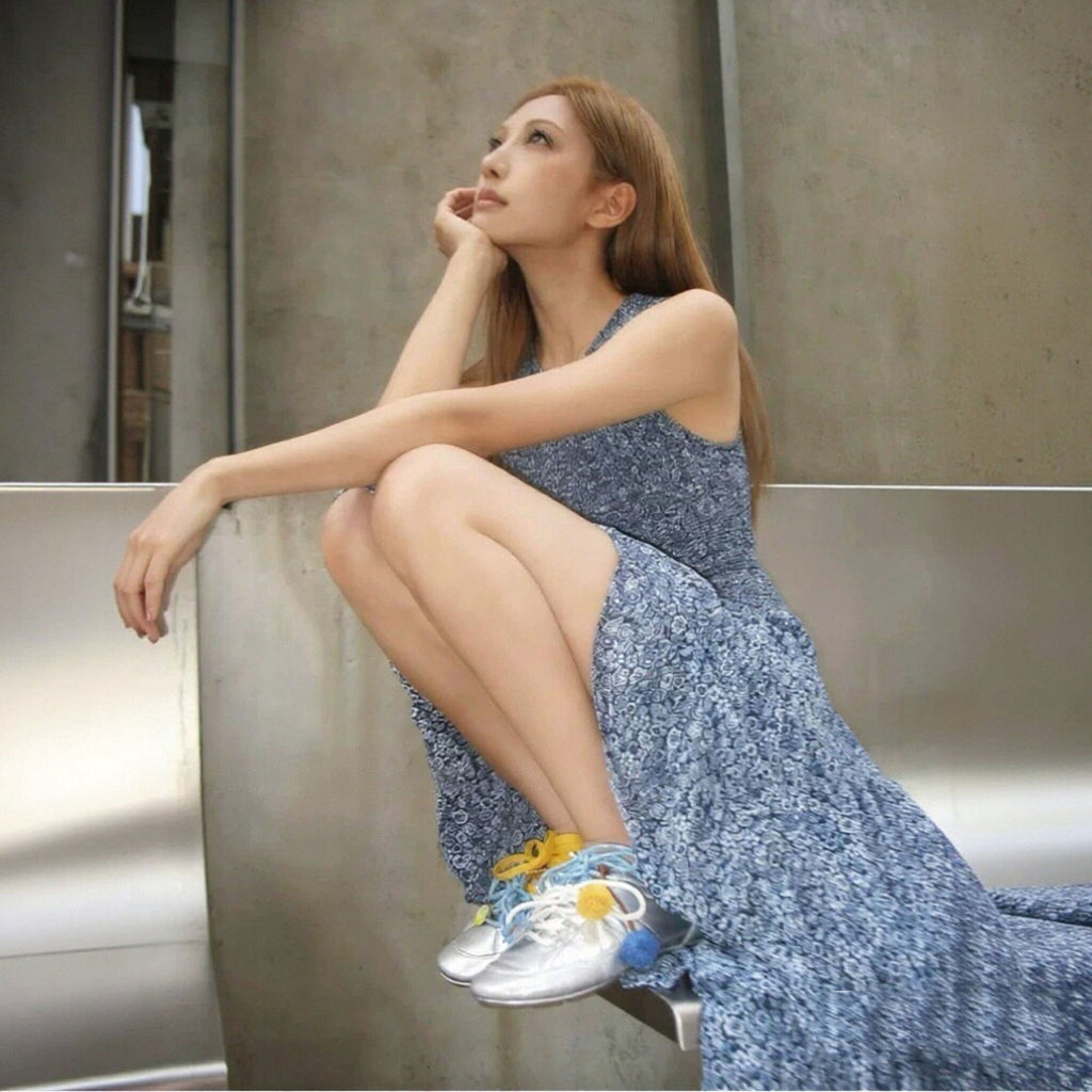 花柄ノースリーブワンピス アシンメトリー裾フリル リゾートマキシドレス