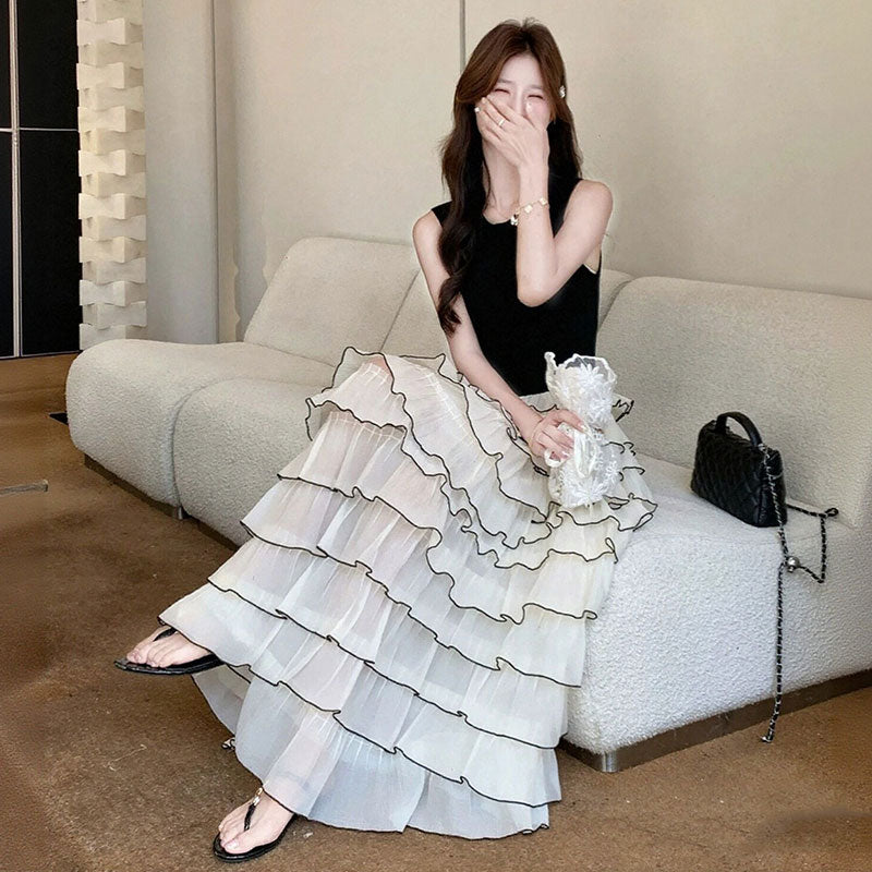 ノースリーブケーキマキシワンピース シフォンフリル大人可愛いデートワンピース飾り付き