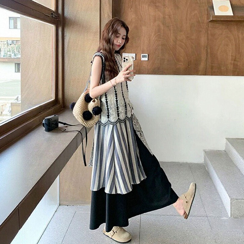 レースリボンベスト両面着用可能＋切り替えストライプ柄スカート２点セット ナチュラルガーリー カジュアル