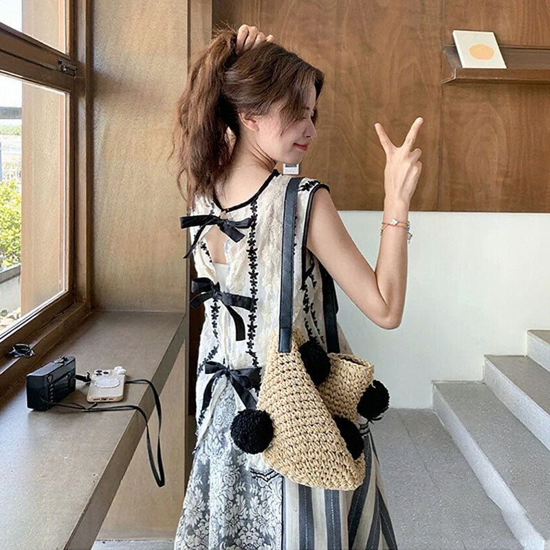 レースリボンベスト両面着用可能＋切り替えストライプ柄スカート２点セット ナチュラルガーリー カジュアル