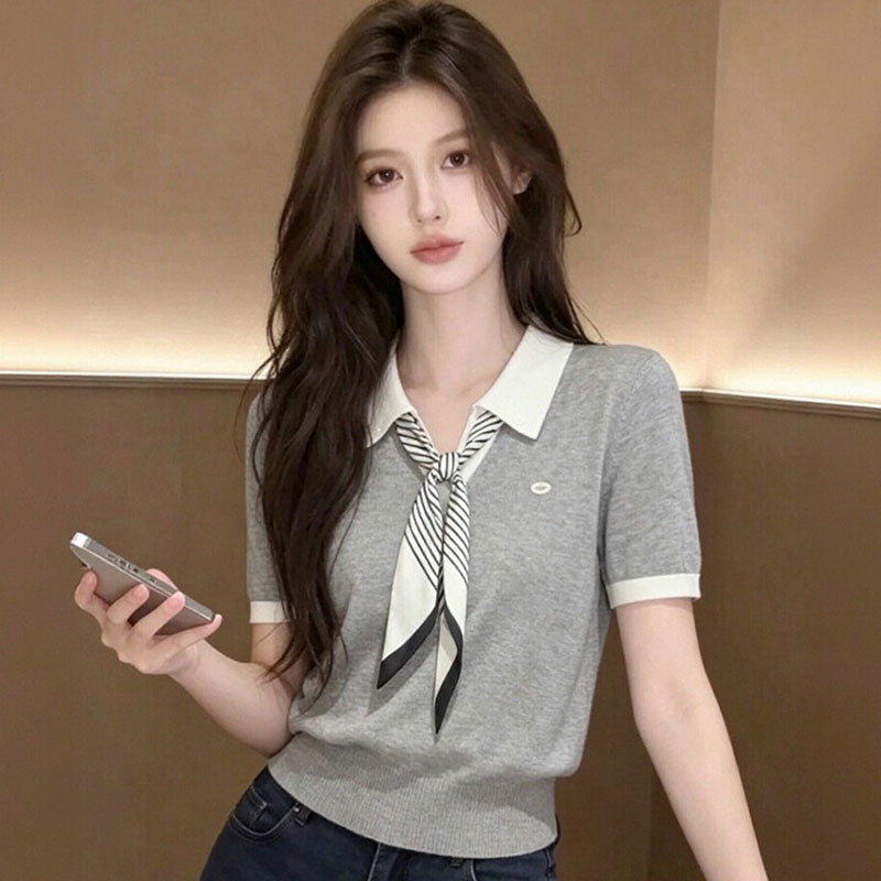 配色ポロ半袖ニット ストライプネクタイリボン付き 細見えトップス 大人女子通勤コーデ
