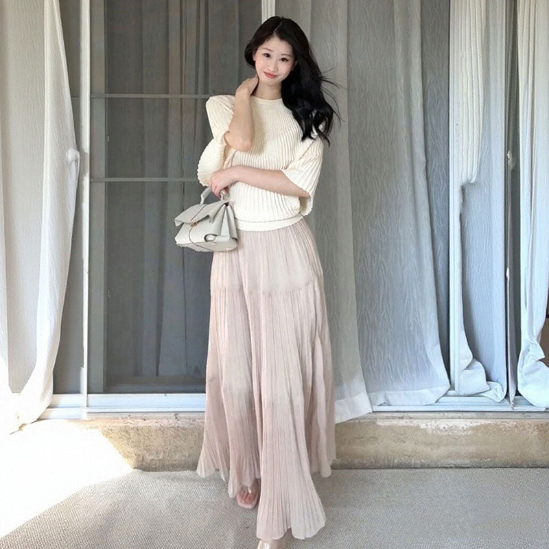 ハーフスリーブリブニットトップス+プリーツロングスカート 2 点セット上品清楚 細見え 大人女子コーデ 通勤デート着回し